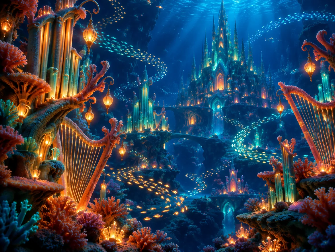Underwater coral kingdom with harp-shaped reefs and lanterns