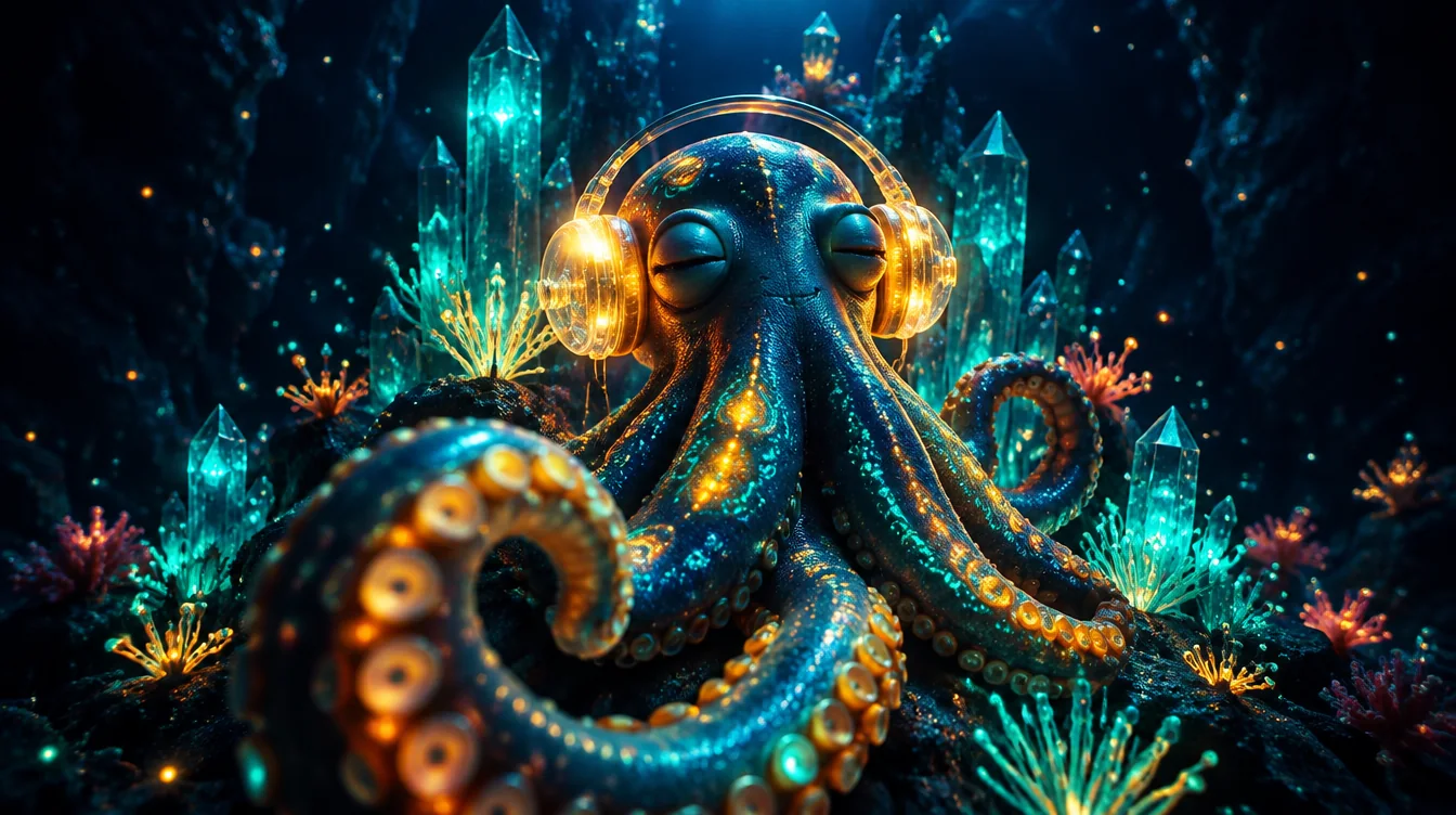 Octopus in headphones in a glowing crystal cave