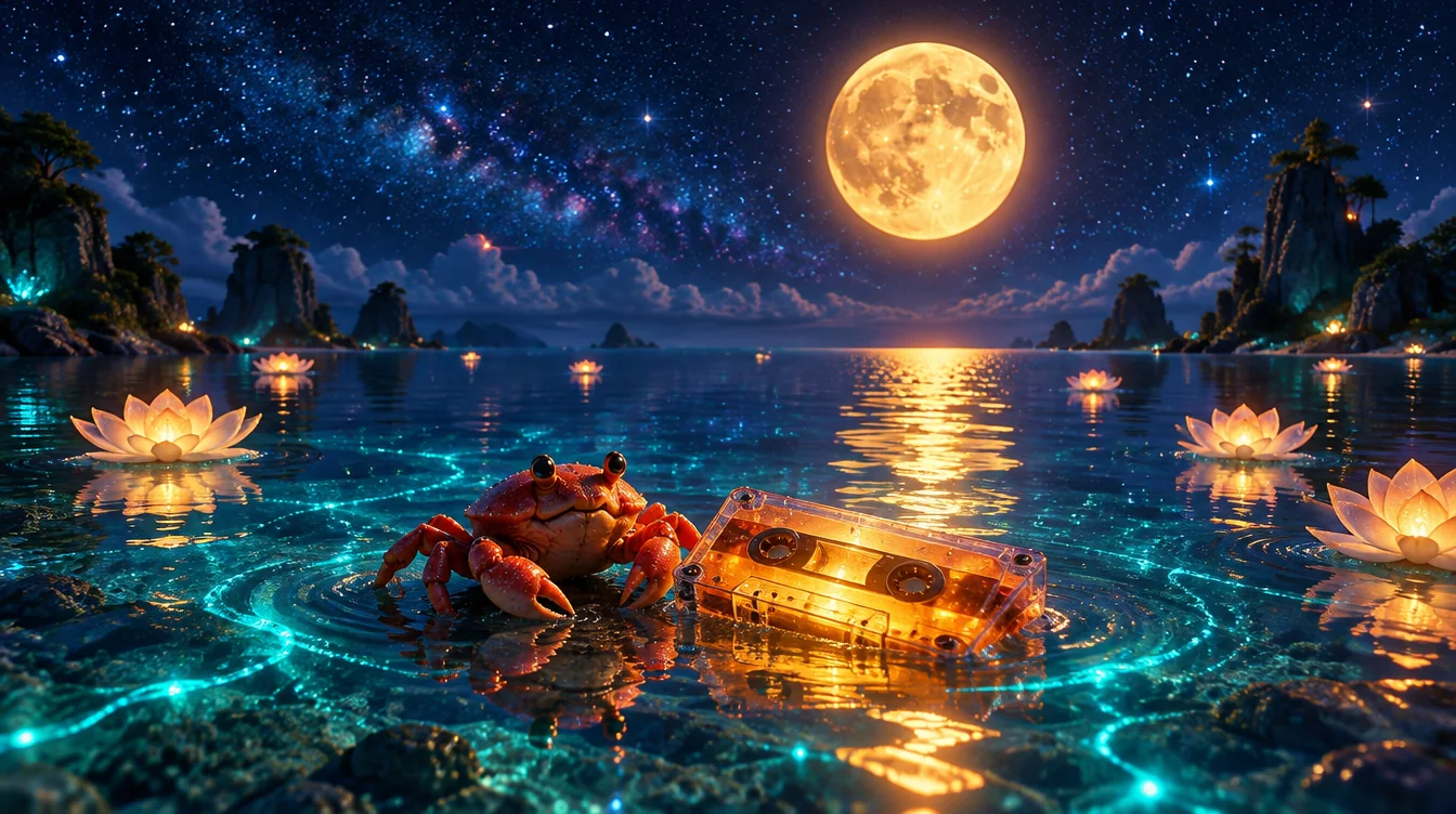 Crab beside a glowing cassette in a moonlit lagoon