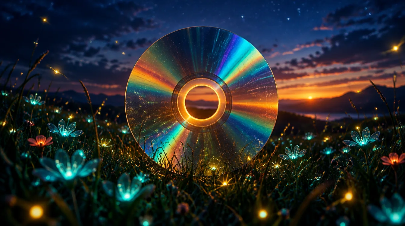 Glowing meadow at twilight with an iridescent CD