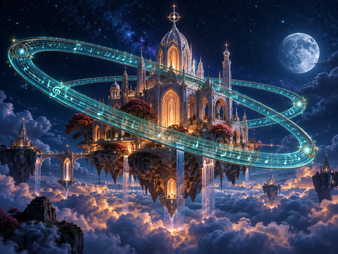 Floating celestial temple ringed by glowing music staves