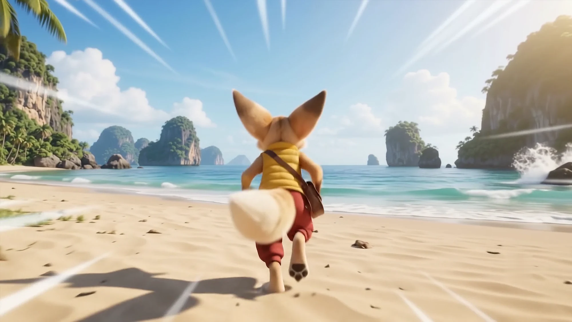 A fennec fox courier in a yellow shirt running across a tropical beach with a leather satchel