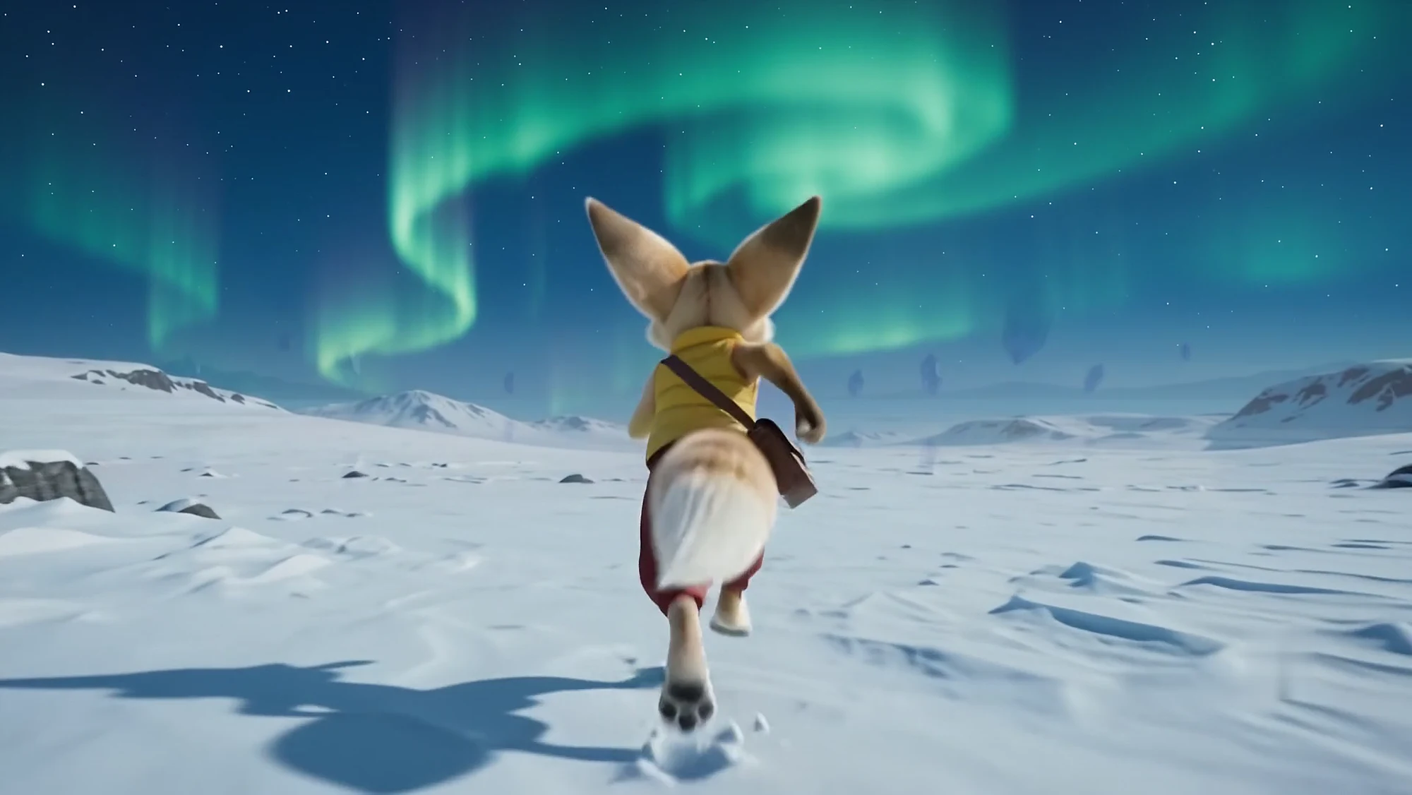 The courier running over snow beneath green northern lights