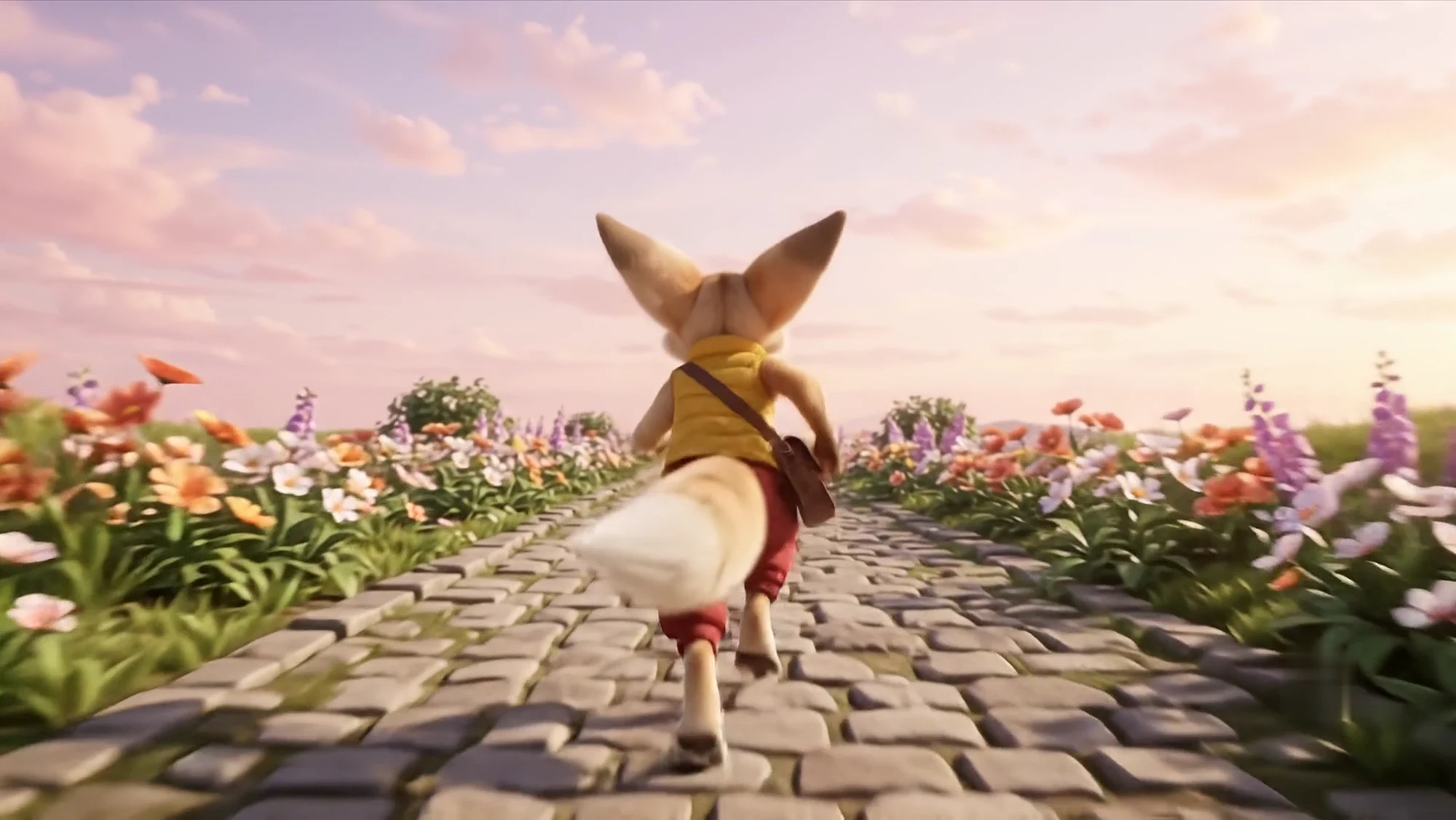 The courier running down a cobbled road lined with flowers at sunset